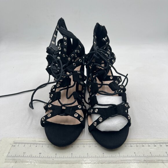 XYD Black Gladiator Caged Block Heel Sandal Open Toe Grommets Straps Zipper Shoe - Picture 3 of 8